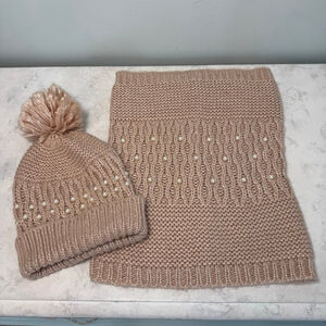 Betsey Johnson Beige Pearl Beanie Hat & Cowl Scarf Set